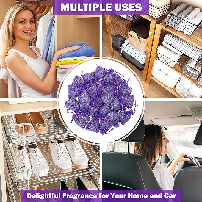 French Lavender Sachets for Drawers and Closets Fresh Scents, Set of 24, Home Fragrance Sachet for Wardrobes Closets, Purple, LV-C-24-1