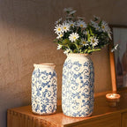 VICTOR & TERESA Rustic Blue and White Vase for Home Decor, Ceramic Vases for Flowers, Modern Farmhouse Decorative Vases for Pampas Grass,Table, Mantel, Living Room,Bookshelf, Centerpieces, 8''