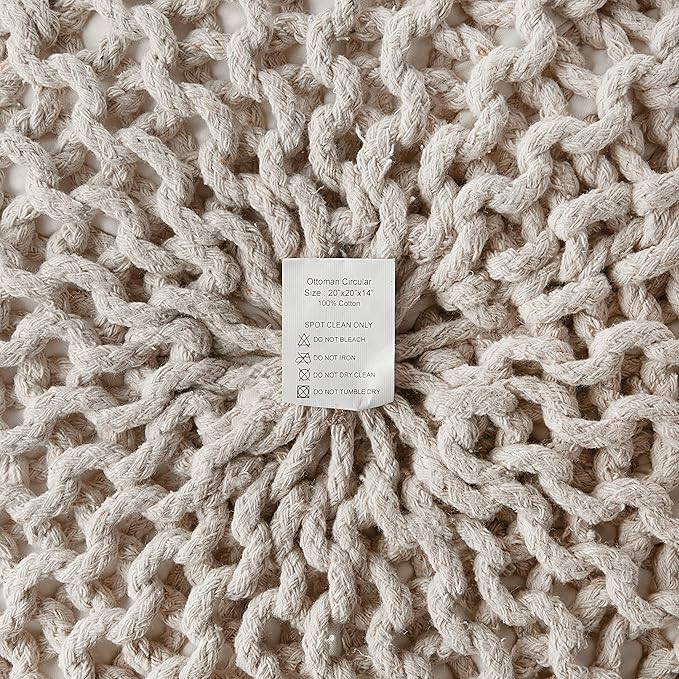 REDEARTH Round Pouf Ottoman - Cable Knitted Boho Poof - Home Décor Cord Pouffe Handmade Circular Footrest for Living Room - Bedroom - Kids Bedroom - 100% Cotton Pouf (18" x 18" x 14") - Ivory