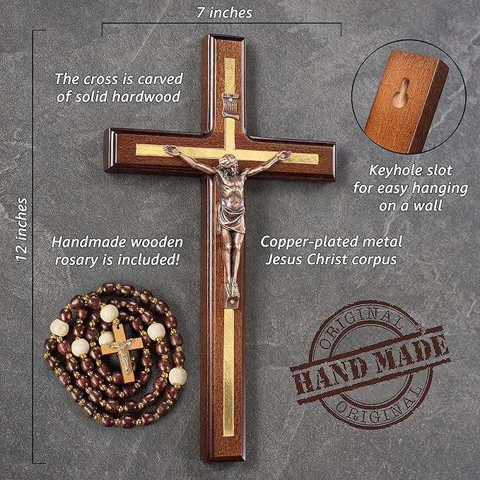 Asterom Crucifix Wall Cross - Handmade Wood Cross Wall Decor - Catholic Crucifix - 12 Inch