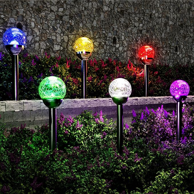 GIGALUMI Solar Outdoor, Cracked Glass Ball Solar Garden Lights, Color Changing Lights Outdoor,Garden LED for Path, Patio, Yard, 6 Pack Pathway