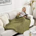 Maetoow Tighter Version Chenille Chunky Knit Blanket Throw 60×80 Inch, Handmade Warm & Cozy Blanket Couch, Bed, Home Decor, Soft Fleece Banket, Boho Thick Blankets and Giant Yarn Throws，Olive Green