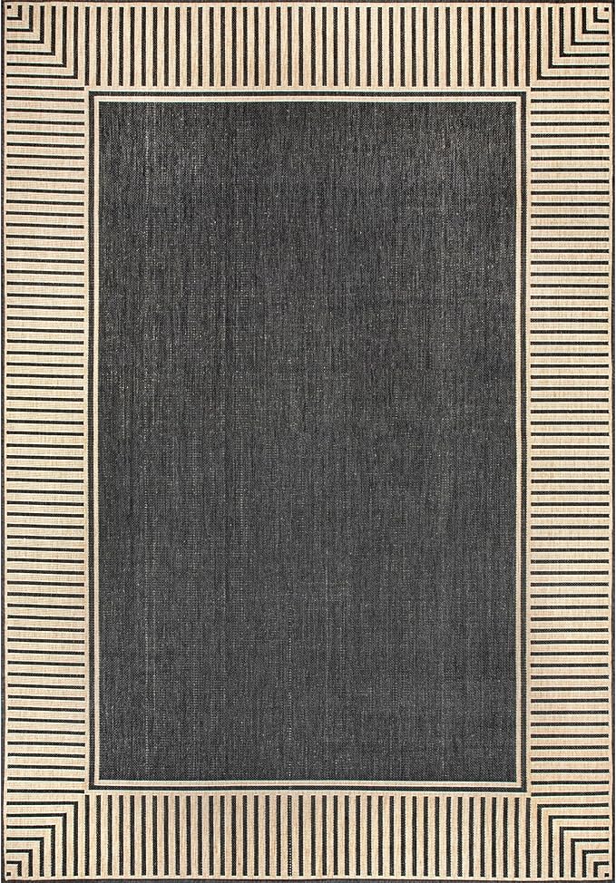 nuLOOM 3'6" x 5' Outdoor Area Rug, Casual Design With Striped Border, Stain Resistant, Highly Durable, For Patio, Balcony, Bedroom, Living Room, Dining Room, Bathroom, Dark Grey