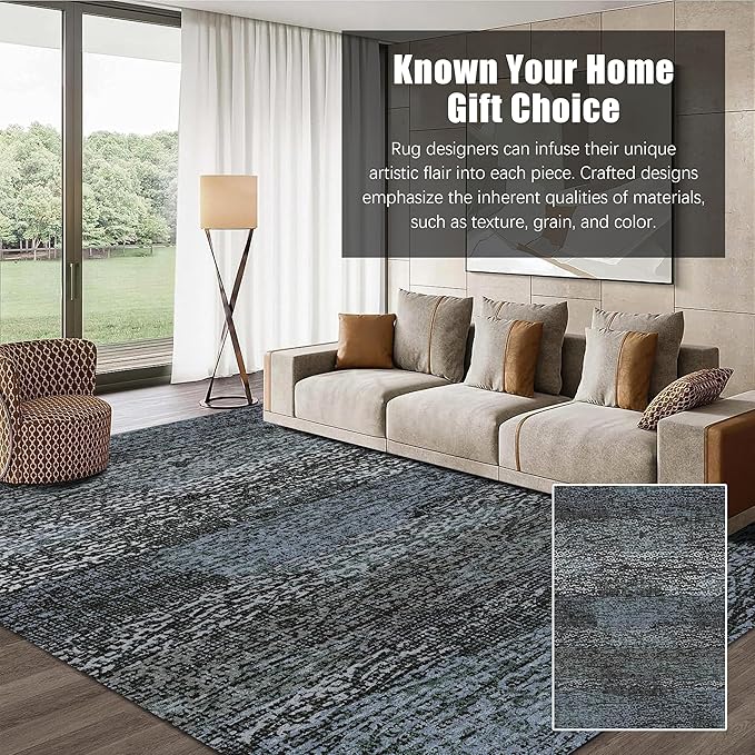 RUGSURE Washable Area Rug - 1/6 Thick - Stain & Water Resistant Non-Slip - Resistant Rug for Living Room, Bedroom, Nursery, Pet & Child Friendly, Vintage Charm Area Rugs (Darkgrey+Bule, 3' x 5 ')