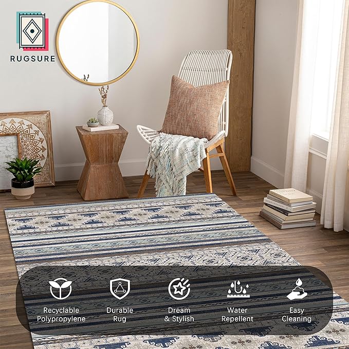 RUGSURE Washable Area Rugs 9' x 12' - 1/6 Thick - Moroccan-Inspired -Stain & Water Resistant Non-Slip - Resistant Rug for Living Room, Bedroom, Nursery, Pet & Child Friendly (Blue and Brown)