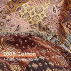 Boho Throw Blanket for Bed 80”x90”, 100% Cotton Woven Blanket for Couch Sofa, Ultra Soft 4-Layer Muslin Quilt with Patchwork Floral Printed, Farmhouse Bed Blanket/Cover for Living Room Decor