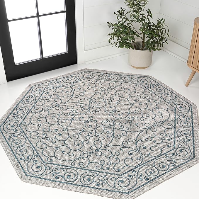 JONATHAN Y Vintage Filigree Indoor Outdoor Octagon Area Rug 5 Ft Gray/Teal, Charleston Textured Weave for Backyard, Patio, Porch, Easy-Cleaning, High Traffic, Pet-Friendly, Non-Shedding SMB106E-5TGN