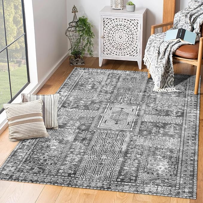 Vintage 4' x 6' Washable Area Rug - Stylish Indoor Rug for Living, Dining or Bedroom - Lightweight Carpet with Non-Slip Backing - Foldable for Easy Placement and Maintenance - Grey