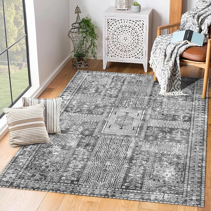 Vintage 5' x 7' Washable Area Rug - Stylish Indoor Rug for Living, Dining or Bedroom - Lightweight Carpet with Non-Slip Backing - Foldable for Easy Placement and Maintenance - Grey