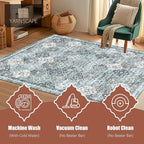 3' x 5 ' Washable Area Rug - Low Pile Soft Vintage Indoor Rug for Living, Dining or Bedroom - Lightweight Carpet with Non-Slip Backing - Foldable for Easy Placement, Ocean Blue