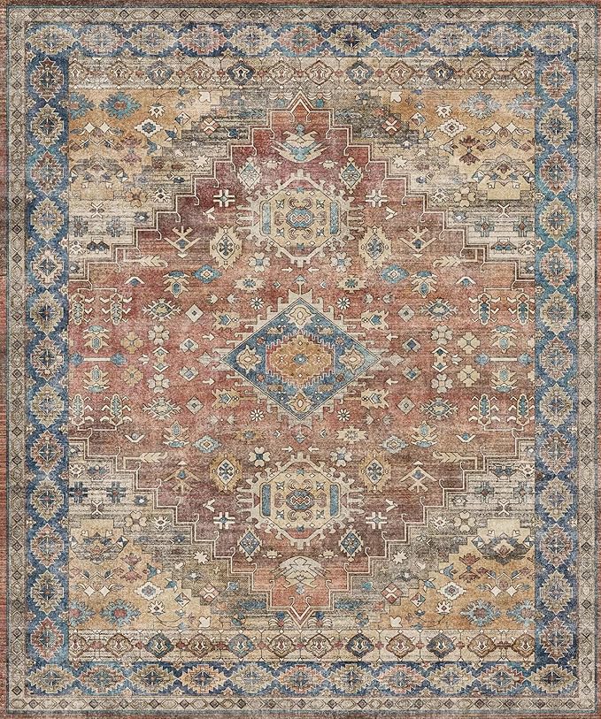 GENIMO 10x12 Area Rugs for Living Room, Machine Washable Non Slip Vintage Rugs, Low Pile Lightweight Chenille Print Rug for Bedroom, Dining Room, Home Office, Antique Red