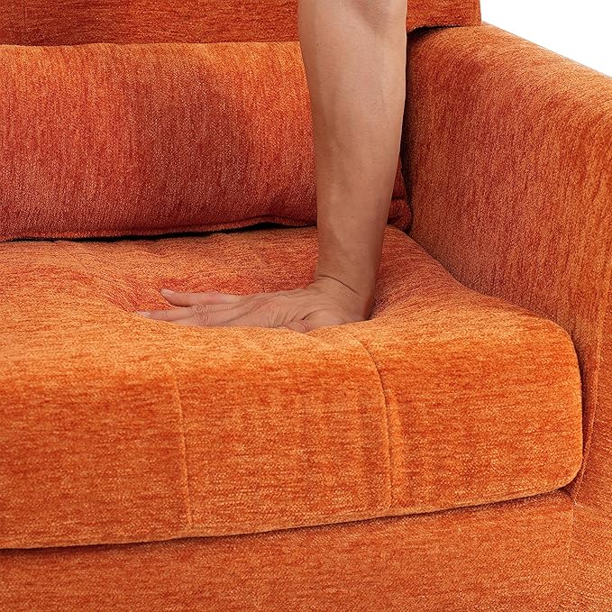 Accent Chair, Comfy Upholstered Living Room Chairs with High Tufted Backrest and Pillow, Wingback Reading Chair with Solid Wood Legs for Bedroom/Office, Chenille Fabric, Orange