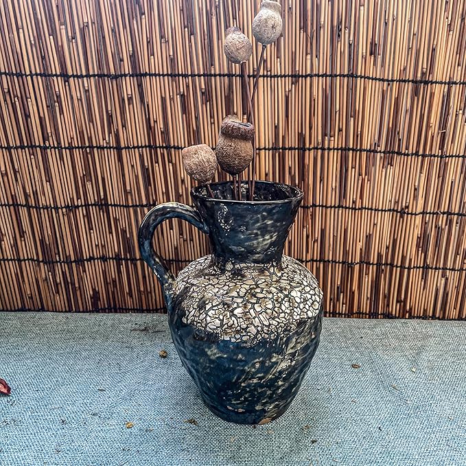 Rustic Pottery Ceramic Vase - Vintage Farmhouse Style Decor, White Grid Ceramic Vases for Home Decor, Modern Farmhouse Decor (White Black)