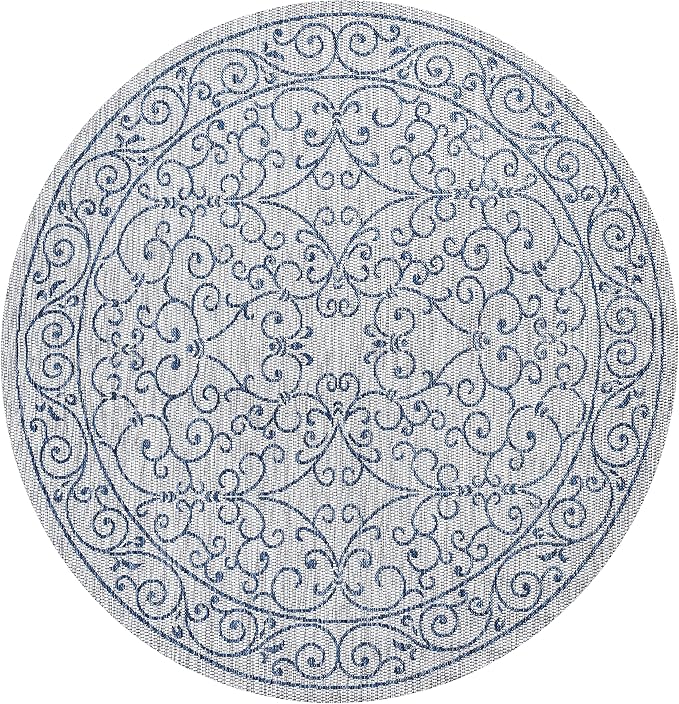 JONATHAN Y Vintage Filigree Indoor Outdoor Round Area Rug 6 Ft Gray/Navy, Charleston Textured Weave for Backyard, Patio, Porch, Easy-Cleaning, High Traffic, Pet-Friendly, Non-Shedding (SMB106C-6R)