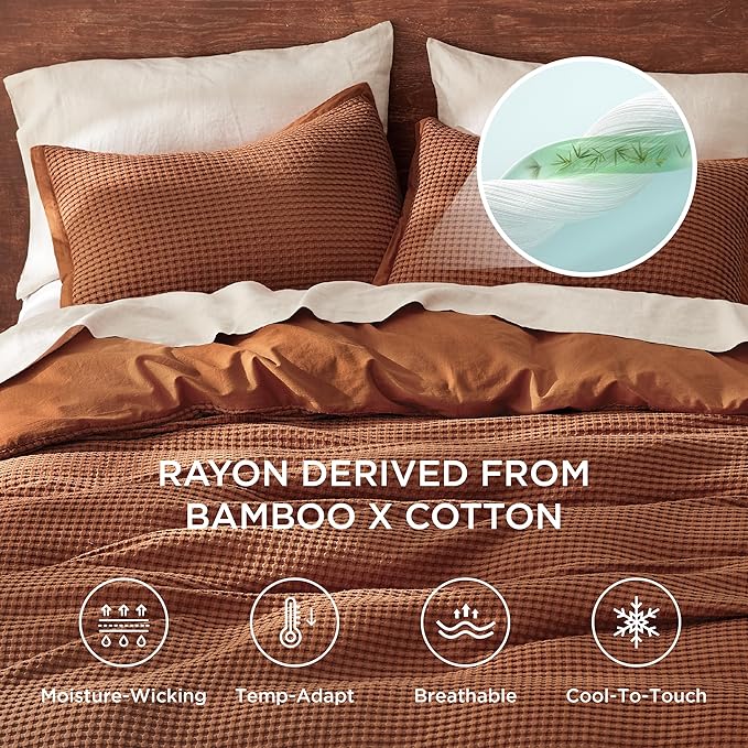 Bedsure Cooling Waffle Duvet Cover Queen - Cotton Blend Rayon Derived from Bamboo Duvet Cover Set for Hot Sleepers, Breathable Bedding Set With a Vintage Charm, 3 Pieces (Burnt Orange, Queen, 90"x90")