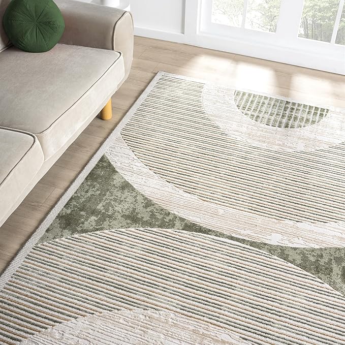 Abani Mid-Century Green Arch Washable Area Rug – 2' x 3' – Modern Geometric Design – Ivy Collection – Non-Shedding, Easy to Clean – Durable for High Traffic Areas – Living Room, Bedroom & Office