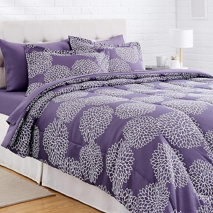 Amazon Basics Full/Queen Comforter Set with Sheets, 7-Piece Purple Floral Bedding, Lightweight Microfiber Bed-in-a-Bag