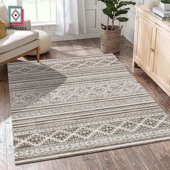 RUGSURE Washable Area Rugs 4' x 6' - 1/6 Thick - Moroccan-Inspired -Stain & Water Resistant Non-Slip - Resistant Rug for Living Room, Bedroom, Nursery, Pet & Child Friendly (Brown)