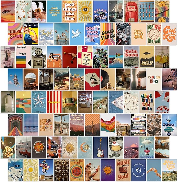 Y2K BOO Hippie Aesthetic Wall Collage Kit – 100 Multicolor Boho Retro Photos, 4"x6" Semi-Gloss Prints for Teen Girls Dorm Room Decor, Vintage 70s Wall Art, Birthday & Graduation Gift
