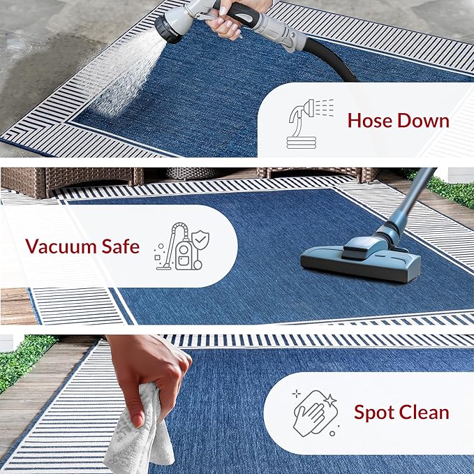 nuLOOM 10' x 12' Outdoor Area Rug, Casual Design With Striped Border, Stain Resistant, Highly Durable, For Patio, Balcony, Bedroom, Living Room, Dining Room, Bathroom, Navy