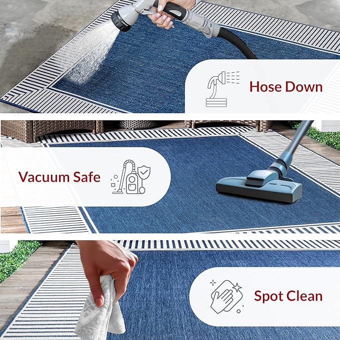nuLOOM 2' x 3' Outdoor Area Rug, Casual Design With Striped Border, Stain Resistant, Highly Durable, For Patio, Balcony, Bedroom, Living Room, Dining Room, Bathroom, Navy