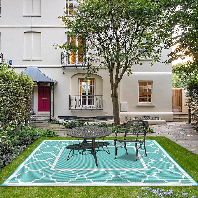 GENIMO 6' x 9' Outdoor Rug Waterproof for Patio Decor, Reversible Plastic Straw Area Mats Carpet for Camper Clearance, Outside Carpet for Rv, Deck, Porch, Beach, Balcony, Aqua Blue & White