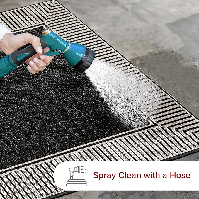 nuLOOM 9'6" x 12' Outdoor Area Rug, Casual Design With Striped Border, Stain Resistant, Highly Durable, For Patio, Balcony, Bedroom, Living Room, Dining Room, Bathroom, Black