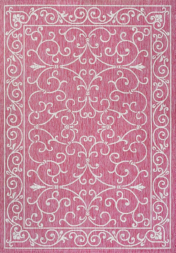 JONATHAN Y Vintage Filigree Indoor Outdoor Area Rug 4X6 Fuchsia/Light Gray, Charleston Textured Weave for Backyard, Patio, Porch, Easy-Cleaning, High Traffic, Pet-Friendly, Non-Shedding (SMB106J-4)