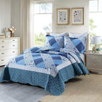 Travan Bedspread Quilt Sets 3-Piece Lightweight Coverlet Set with Shams Reversible Quilted Bedding Set, Blue Floral Patchwork, King Size