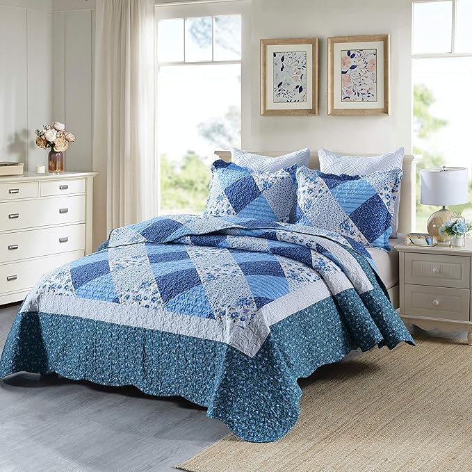 Travan Bedspread Quilt Sets 3-Piece Lightweight Coverlet Set with Shams Reversible Quilted Bedding Set, Blue Floral Patchwork, Queen Size