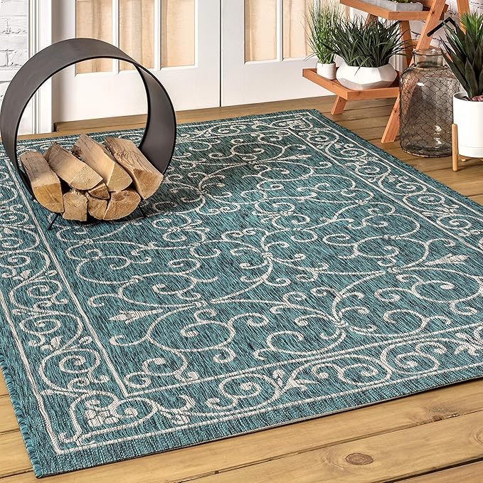 JONATHAN Y Vintage Filigree Indoor Outdoor Area Rug 4X6 Teal/Gray, Charleston Textured Weave for Backyard, Patio, Porch, Easy-Cleaning, High Traffic, Pet-Friendly, Non-Shedding (SMB106F-4)