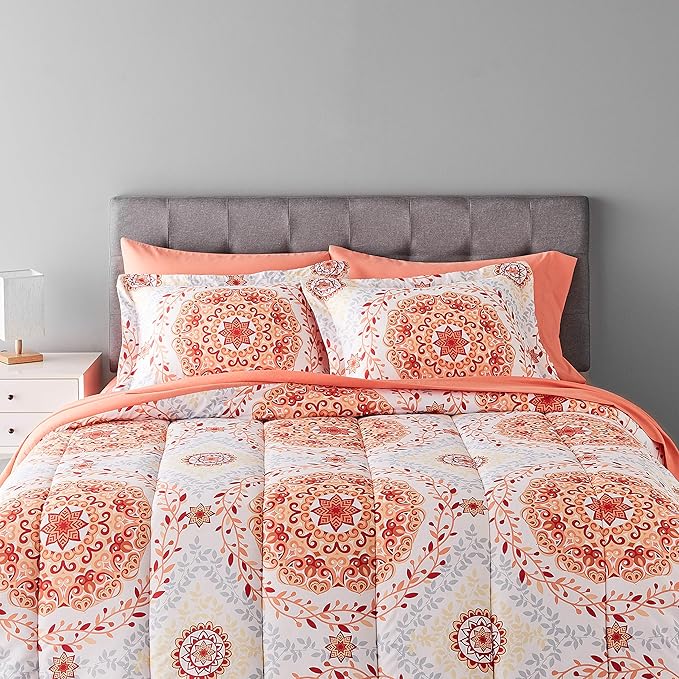 Amazon Basics Full/Queen Comforter Set with Sheets, 7-Piece Coral Medallion Bedding, Lightweight Microfiber Bed-in-a-Bag