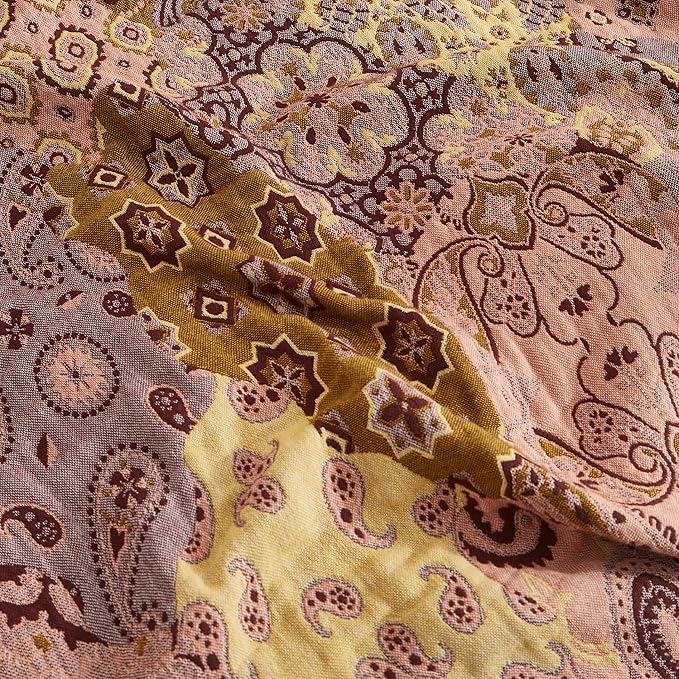 Boho Throw Blanket for Bed 80”x90”, 100% Cotton Woven Blanket for Couch Sofa, Ultra Soft 4-Layer Muslin Quilt with Patchwork Floral Printed, Farmhouse Bed Blanket/Cover for Living Room Decor