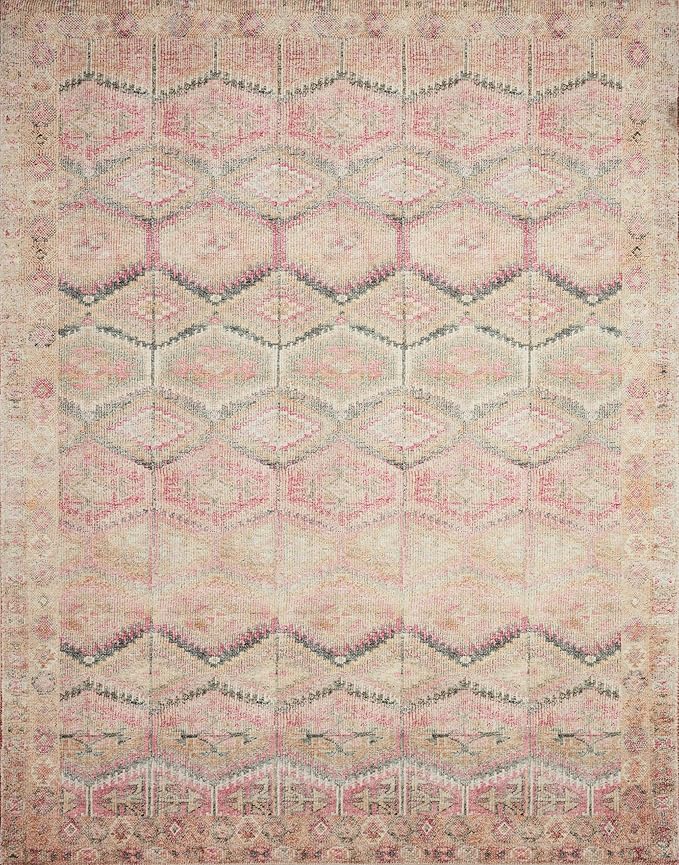 Loloi Layla Collection LAY-17 Pink/Lagoon 5'-0" x 7'-6" .13" Thick Area Rug, Soft, Durable, Vintage Inspired, Distressed, Low Pile, Non-Shedding, Easy Clean, Printed, Living Room Rug