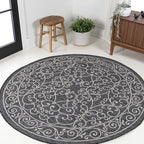 JONATHAN Y Vintage Filigree Indoor Outdoor Round Area Rug 9 Ft Black/Gray, Charleston Textured Weave for Backyard, Patio, Porch, Easy-Cleaning, High Traffic, Pet-Friendly, Non-Shedding (SMB106G-9R)