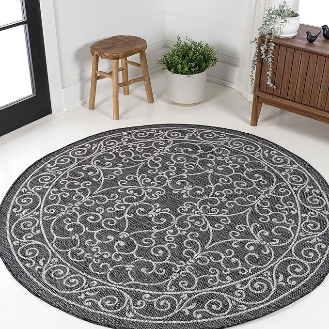 JONATHAN Y Vintage Filigree Indoor Outdoor Round Area Rug 6 Ft Black/Gray, Charleston Textured Weave for Backyard, Patio, Porch, Easy-Cleaning, High Traffic, Pet-Friendly, Non-Shedding (SMB106G-6R)