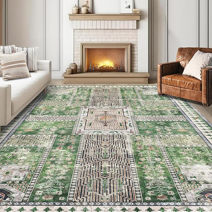 Vintage 5' x 7' Washable Area Rug - Stylish Indoor Rug for Living, Dining or Bedroom - Lightweight Carpet with Non-Slip Backing - Foldable for Easy Placement and Maintenance - Green