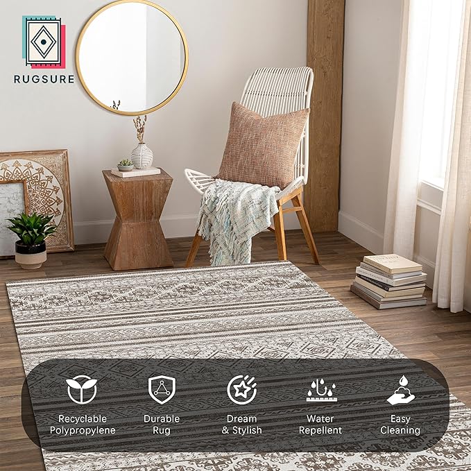 RUGSURE Washable Area Rugs 3' x 5 ' - 1/6 Thick - Moroccan-Inspired -Stain & Water Resistant Non-Slip - Resistant Rug for Living Room, Bedroom, Nursery, Pet & Child Friendly (Brown)
