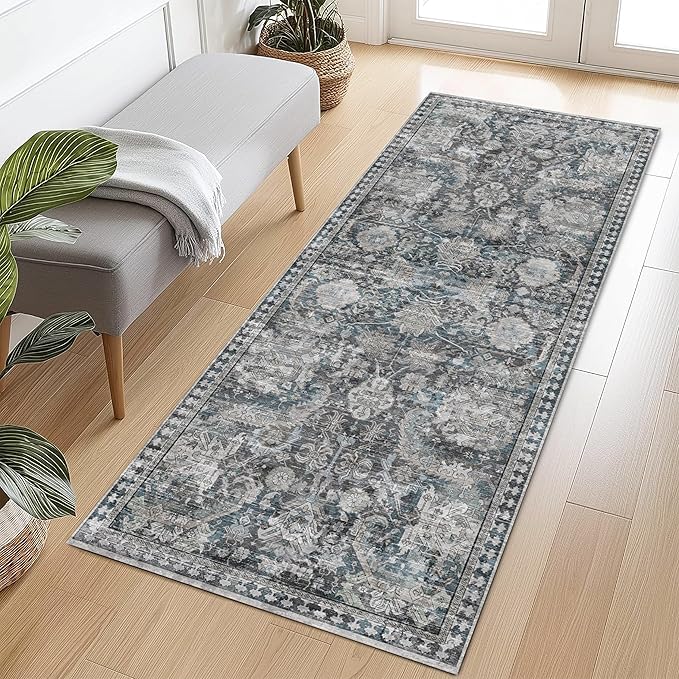 RUGSURE Washable Area Rugs - Perfect for Living Room, Bedroom, Kids Room, Nursery - Stain & Water Resistant Non-Slip, Pet & Child Friendly, Vintage Tribal Area Rugs (Grey and Bule, 2'6'' x 8')