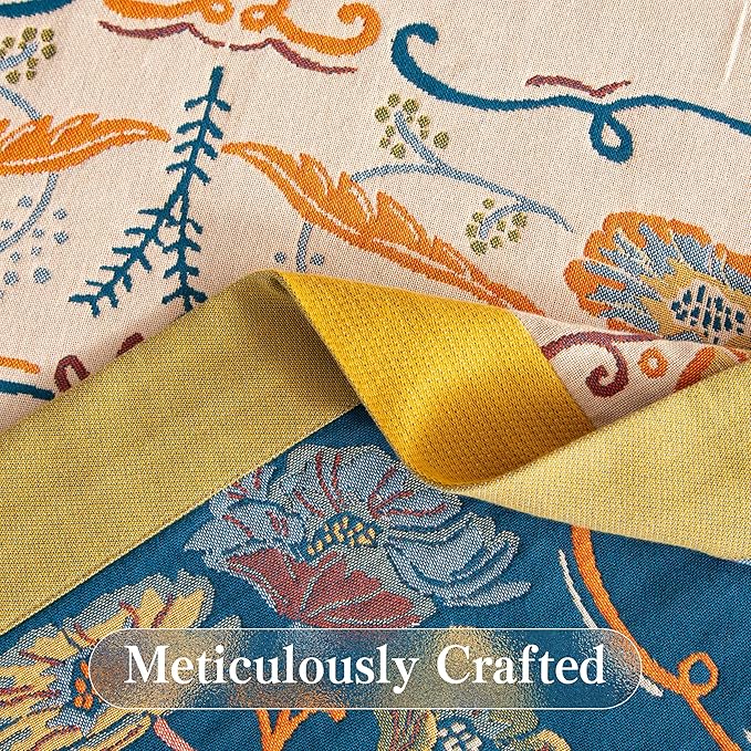 Boho Throw Blanket Twin Size, Soft Cozy Cotton Muslin Quilt Blanket for Bed Decor, Floral Patterned Couch Sofa Chair Cover, Vintage Farmhouse Cottage Tapestry Woven Blanket, Yellow&Blue