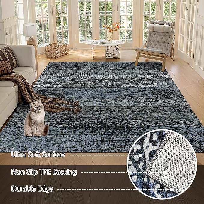 RUGSURE Washable Area Rug - 1/6 Thick - Stain & Water Resistant Non-Slip - Resistant Rug for Living Room, Bedroom, Nursery, Pet & Child Friendly, Vintage Charm Area Rugs (Darkgrey+Bule, 4' x 6')