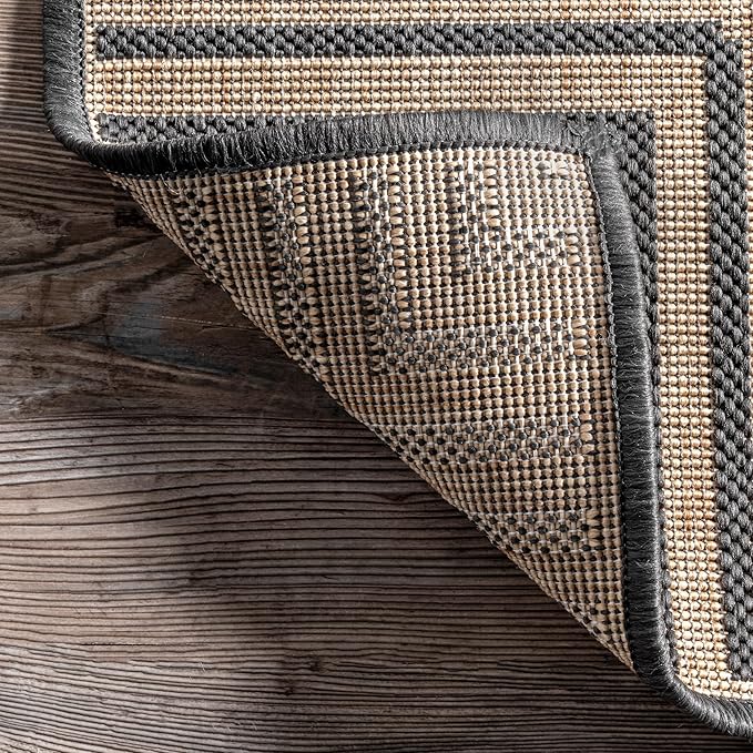 nuLOOM 9'6" x 12' Outdoor Area Rug, Casual Design With Striped Border, Stain Resistant, Highly Durable, For Patio, Balcony, Bedroom, Living Room, Dining Room, Bathroom, Dark Grey