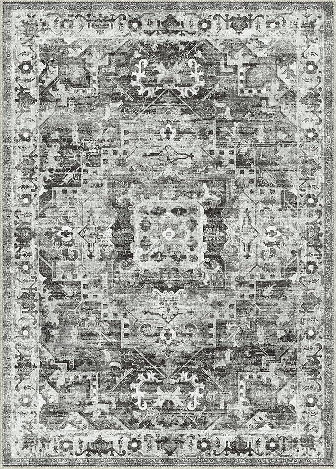 GENIMO Machine Washable 8x10 Area Rugs for Living Room, Non Slip Vintage Rugs, Low Pile Lightweight Chenille Print Rug for Bedroom, Dining Room, Home Office, Deep Gray