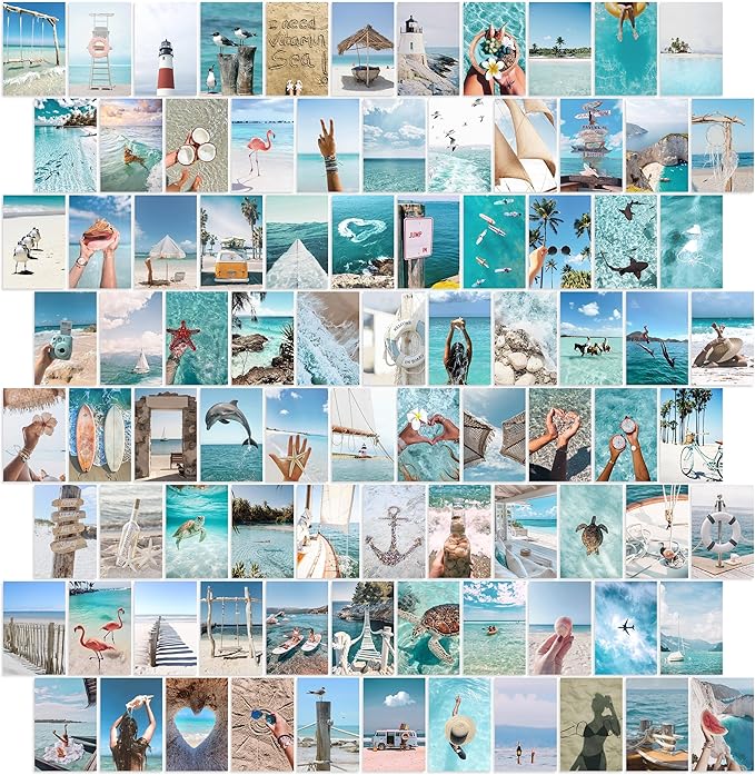 Y2K BOO Summer Beach Aesthetic Wall Collage Kit – 100 Ocean Blue & Sky Blue Photos, 4"x6" Prints for Teen Girls Dorm Room Decor, Beach Activities & Ocean Moments, Ideal Gift for Birthday & Graduation