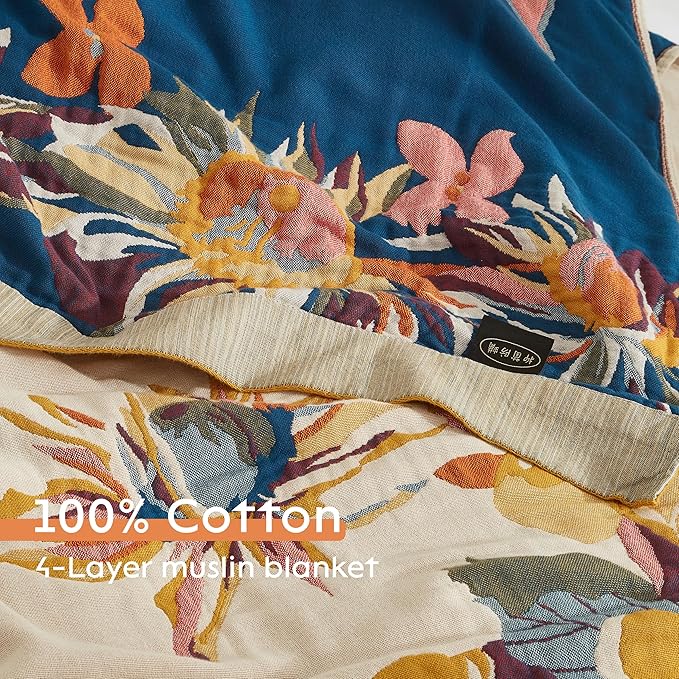 Boho Throw Blanket for Bed 80”x90”, 100% Cotton Woven Blanket for Couch Sofa, Ultra Soft 4-Layer Muslin Quilt with Vintage Floral Printed, Farmhouse Bed Blanket/Cover for Living Room Decor