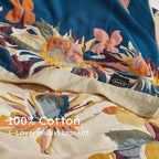 Boho Throw Blanket for Bed 90”x98”, 100% Cotton Woven Blanket for Couch Sofa, Ultra Soft 4-Layer Muslin Quilt with Vintage Floral Printed, Farmhouse Bed Blanket/Cover for Living Room Decor