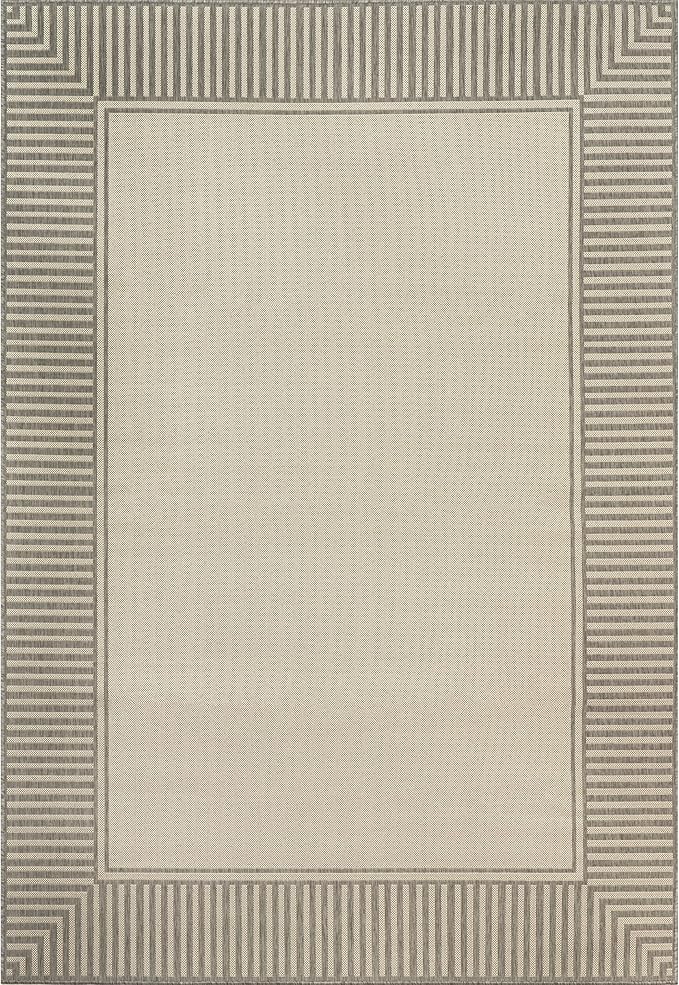 nuLOOM 4' x 6' Outdoor Area Rug, Casual Design with Striped Border, Stain Resistant, Highly Durable, for Patio, Balcony, Bedroom, Living Room, Dining Room, Bathroom, Light Grey