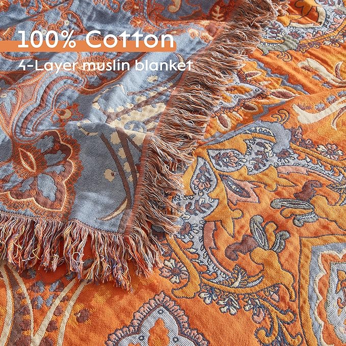 Boho Throw Blanket for Bed 80”x90”, 100% Cotton Woven Blanket for Couch Sofa, Ultra Soft 4-Layer Muslin Quilt with Vintage Floral Printed, Farmhouse Bed Blanket/Cover for Living Room Decor