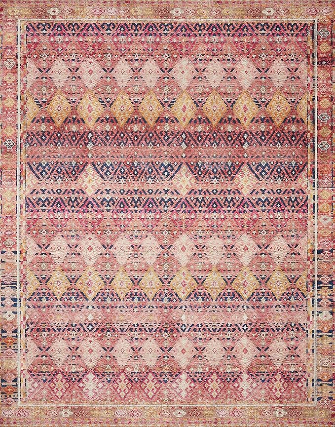 Loloi Layla Collection LAY-15 Magenta/Multi 9'-0" x 12'-0" .13" Thick Area Rug, Soft, Durable, Vintage Inspired, Distressed, Low Pile, Non-Shedding, Easy Clean, Printed, Living Room Rug