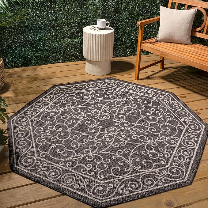 JONATHAN Y Vintage Filigree Indoor Outdoor Octagon Area Rug 8 Ft Black/Gray, Charleston Textured Weave for Backyard, Patio, Porch, Easy-Cleaning, High Traffic, Pet-Friendly Non-Shedding SMB106G-8TGN